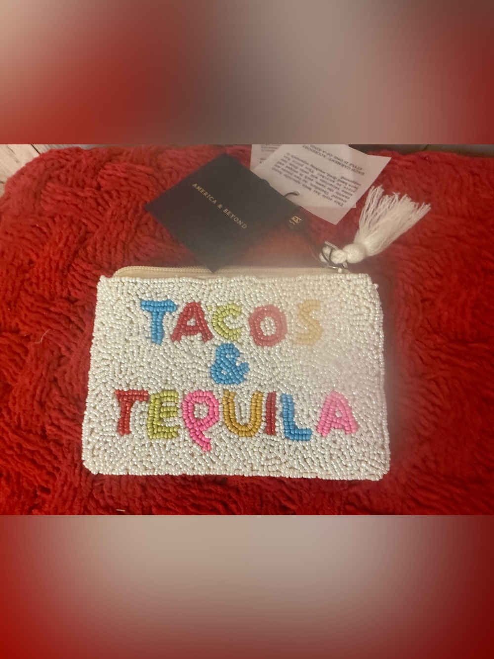 America & Beyond Beaded Zip Pouch Tacos & Tequila Motif Coin Purse NWT
